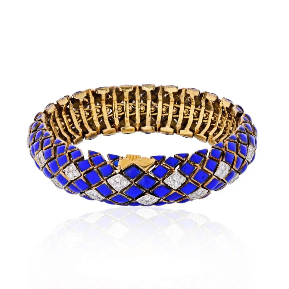 David Webb Platinum & 18K Yellow Gold Blue Enamel And Diamond Bracelet — Laura Milman New York