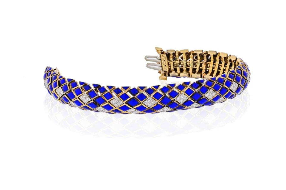 David Webb Platinum & 18K Yellow Gold Blue Enamel And Diamond Bracelet — view 2 — Laura Milman New York