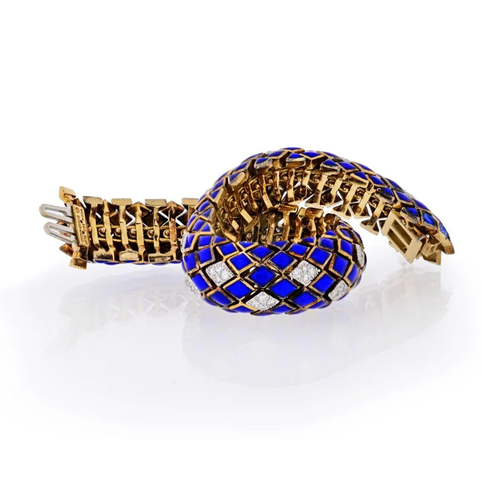 David Webb Platinum & 18K Yellow Gold Blue Enamel And Diamond Bracelet — view 3 — Laura Milman New York