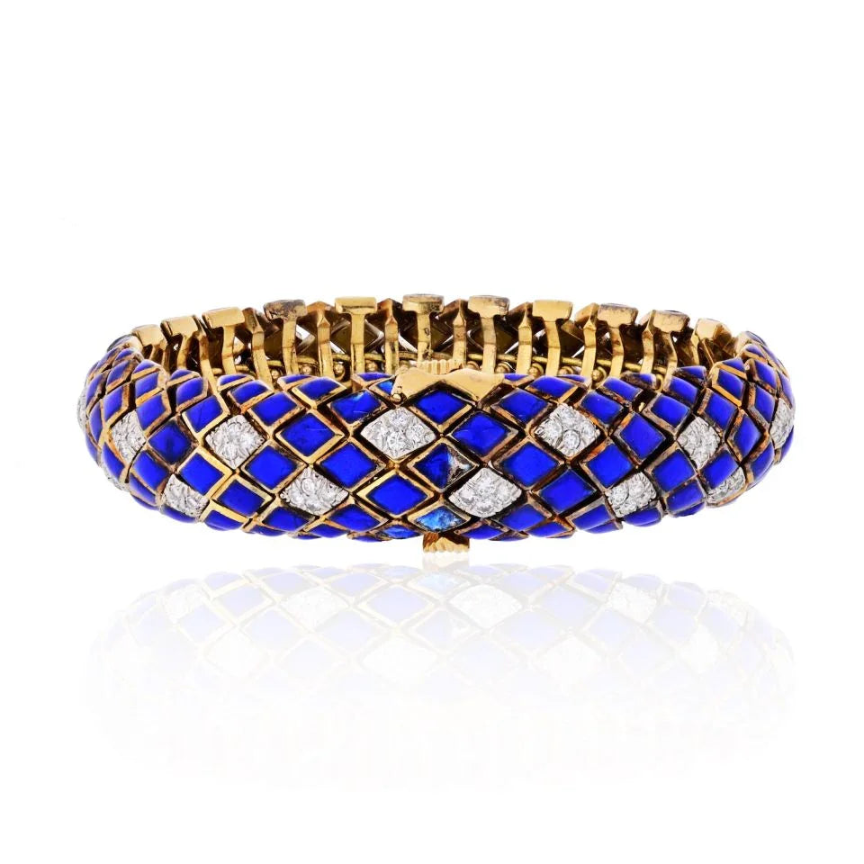 David Webb Platinum & 18K Yellow Gold Blue Enamel And Diamond Bracelet — Laura Milman New York