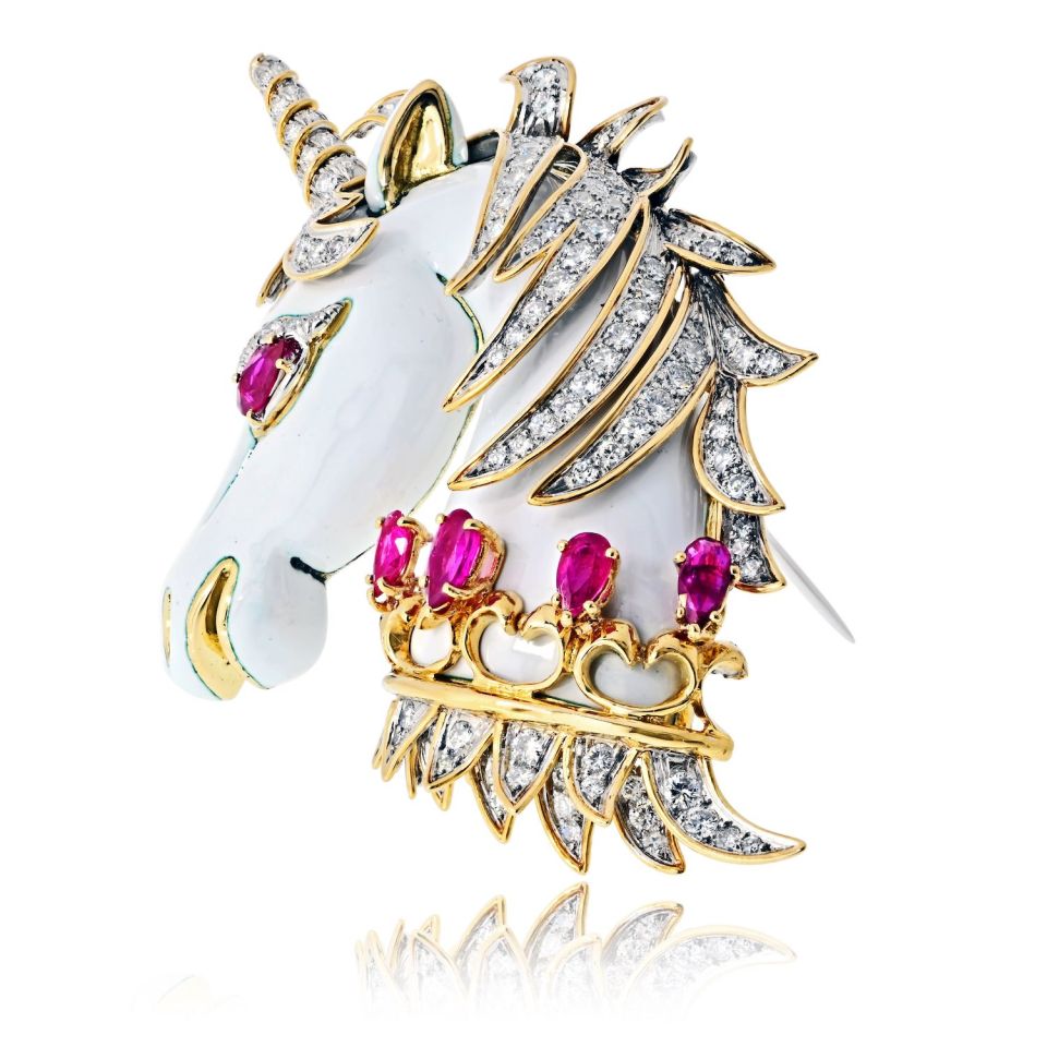 David Webb Unicorn 18K Yellow Gold White Enamel, Diamonds And Rubies Brooch — view 3 — Laura Milman New York