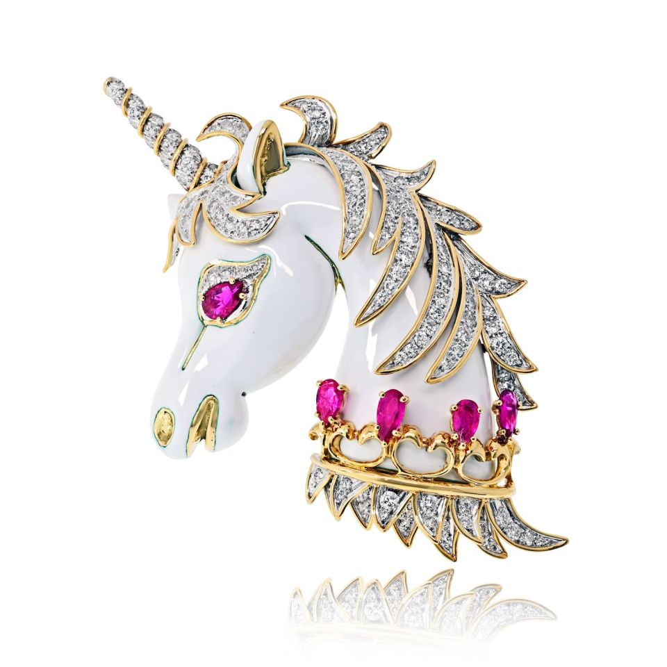 David Webb Unicorn 18K Yellow Gold White Enamel, Diamonds And Rubies Brooch — Laura Milman New York