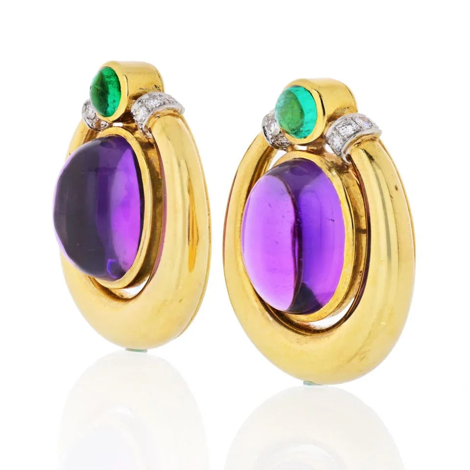 David Webb Platinum & 18K Yellow Gold Cabochon Amethyst, Diamond And Emerald Earrings — view 2 — Laura Milman New York