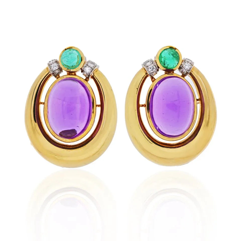 David Webb Platinum & 18K Yellow Gold Cabochon Amethyst, Diamond And Emerald Earrings — Laura Milman New York