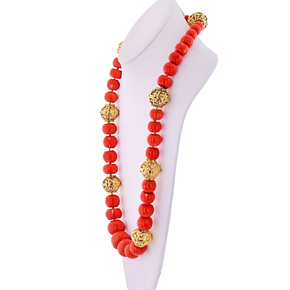 David Webb Coral 18K Yellow Gold Large Coral Balls String Circa 1960s Necklace — view 2 — Laura Milman New York