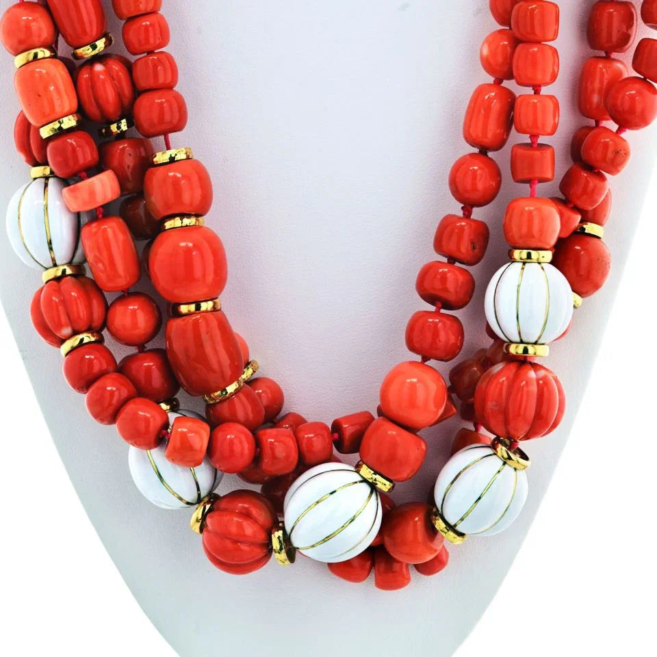 David Webb 18K Yellow Gold Coral And White Enamel Multi-Strand Necklace — view 3 — Laura Milman New York