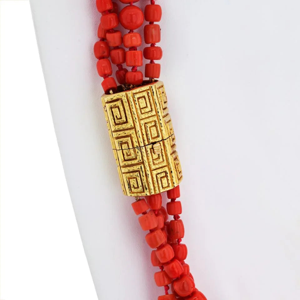 David Webb 18K Yellow Gold Coral And White Enamel Multi-Strand Necklace — view 5 — Laura Milman New York