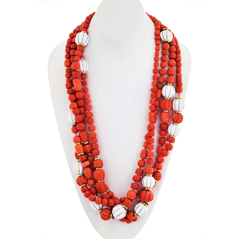 David Webb 18K Yellow Gold Coral And White Enamel Multi-Strand Necklace — Laura Milman New York