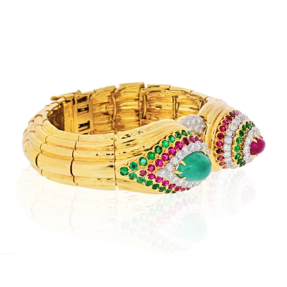 David Webb Platinum & 18K Yellow Gold Raja Tears Green Emeralds, Rubies, Diamonds Bracelet — view 2 — Laura Milman New York