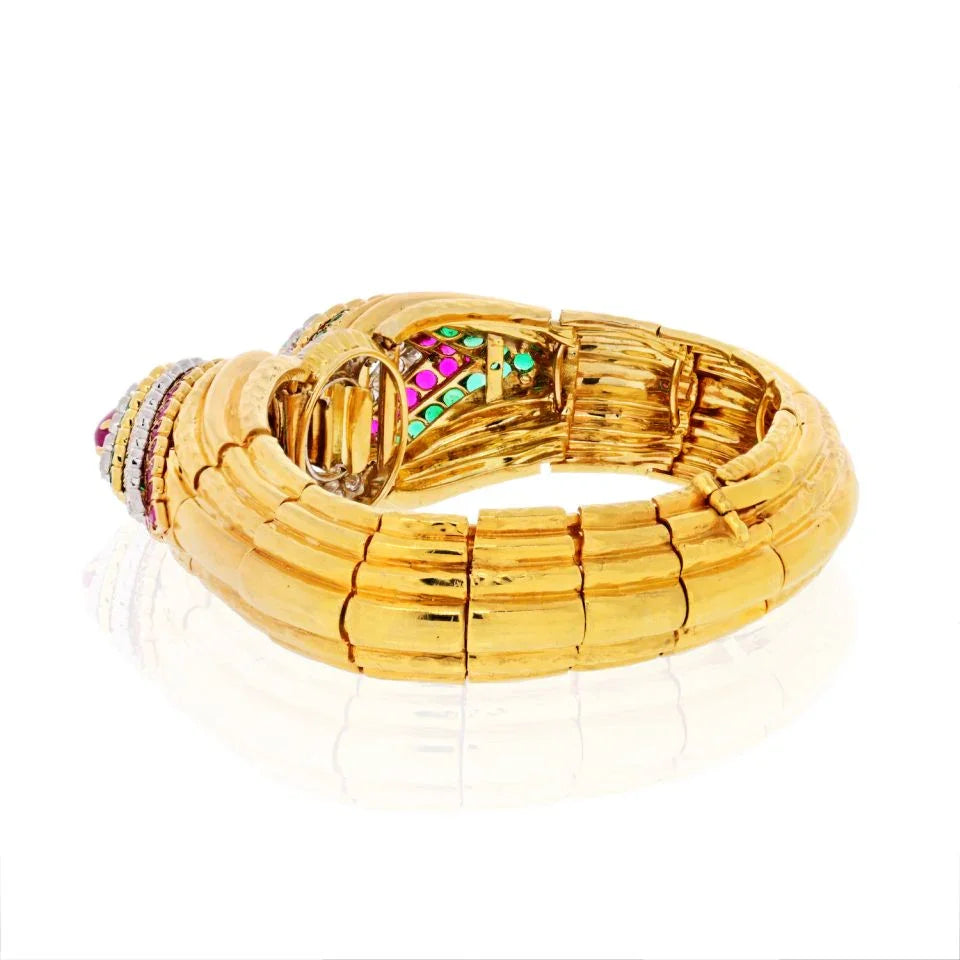 David Webb Platinum & 18K Yellow Gold Raja Tears Green Emeralds, Rubies, Diamonds Bracelet — view 3 — Laura Milman New York