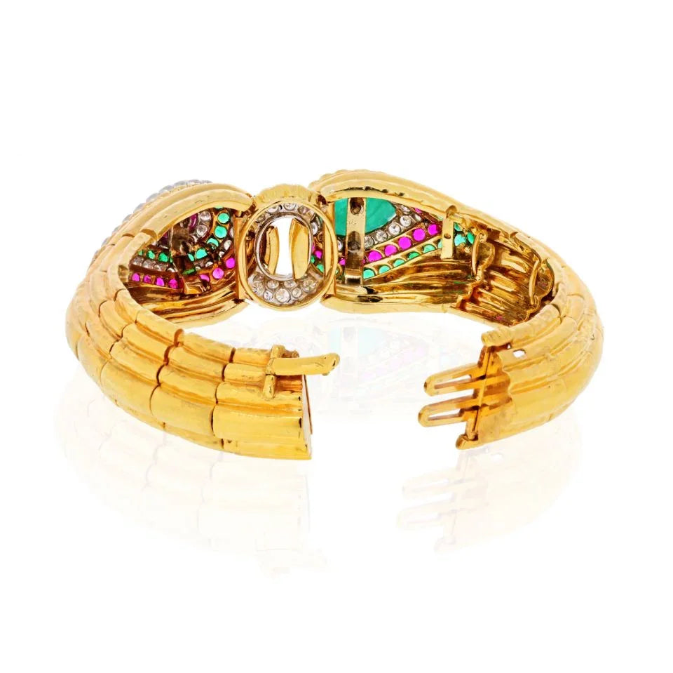 David Webb Platinum & 18K Yellow Gold Raja Tears Green Emeralds, Rubies, Diamonds Bracelet — view 4 — Laura Milman New York