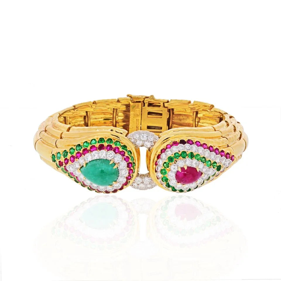 David Webb Platinum & 18K Yellow Gold Raja Tears Green Emeralds, Rubies, Diamonds Bracelet — Laura Milman New York