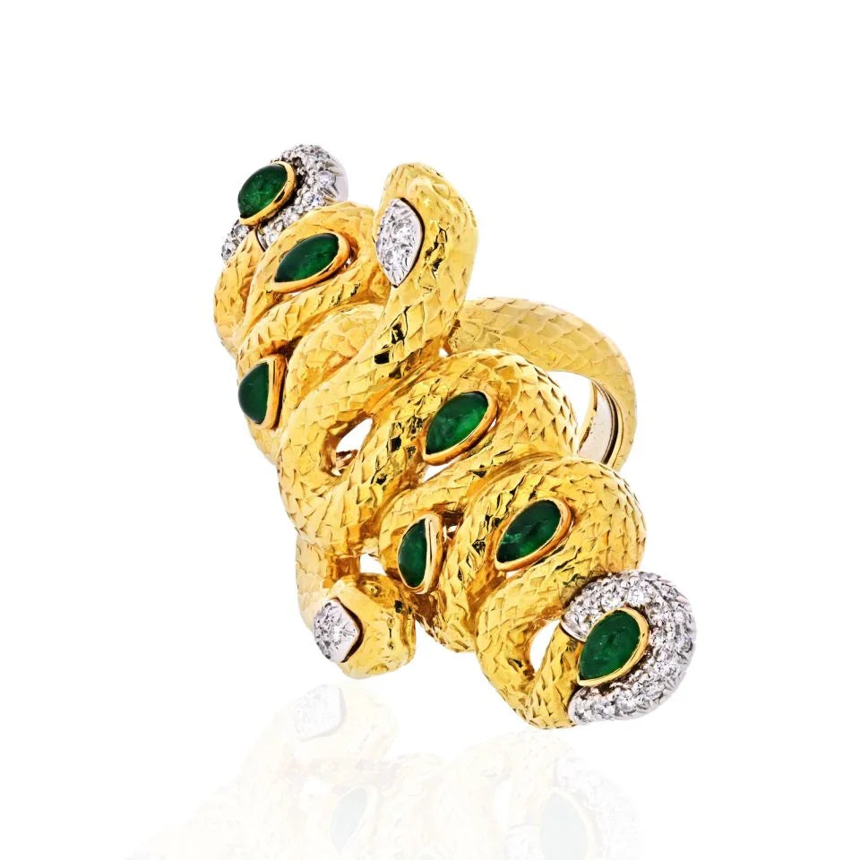 David Webb Kingdom 18K Yellow Gold Two Snakes, Emeralds, Diamonds, Interlocking Ring — view 2 — Laura Milman New York