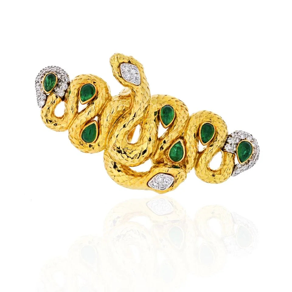 David Webb Kingdom 18K Yellow Gold Two Snakes, Emeralds, Diamonds, Interlocking Ring — Laura Milman New York