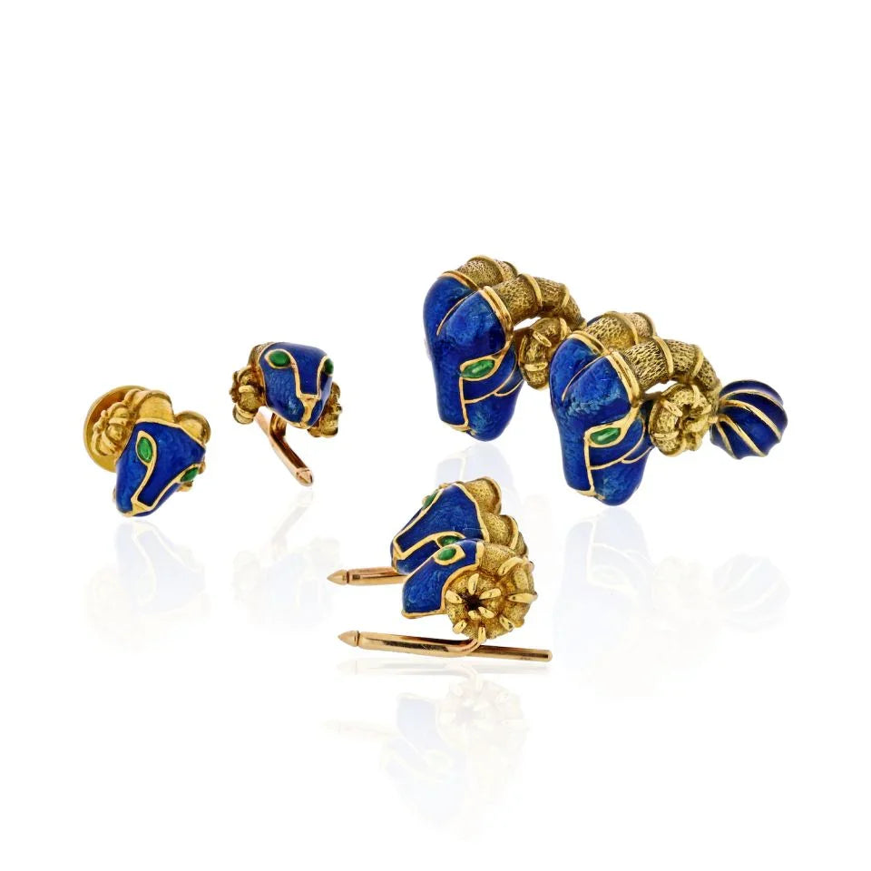 David Webb Ram Head Blue Enamel, Green Emeralds Cuff Links And Stud Dress Set — view 2 — Laura Milman New York