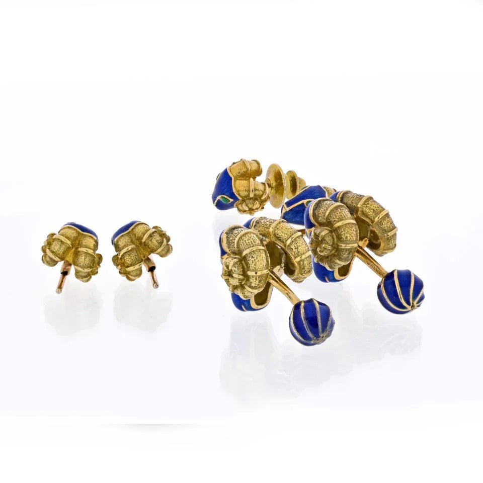 David Webb Ram Head Blue Enamel, Green Emeralds Cuff Links And Stud Dress Set — view 3 — Laura Milman New York