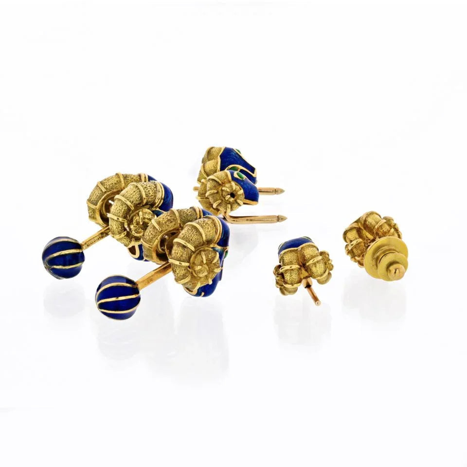 David Webb Ram Head Blue Enamel, Green Emeralds Cuff Links And Stud Dress Set — view 4 — Laura Milman New York