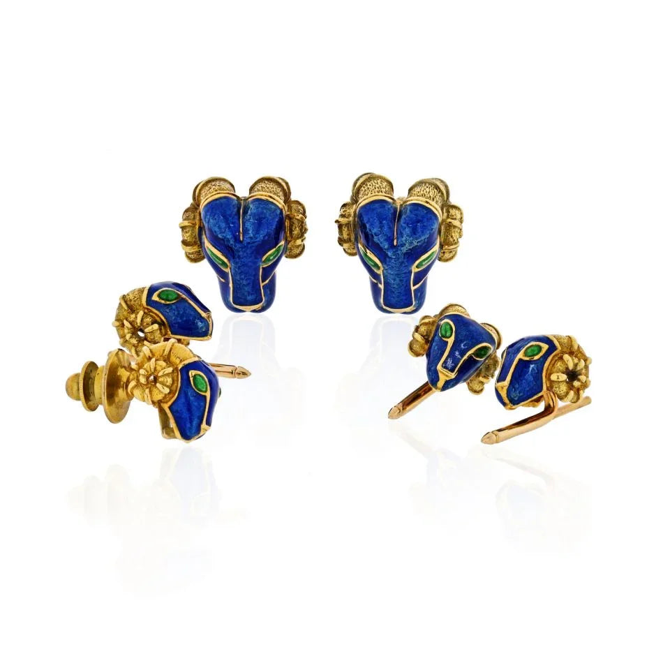 David Webb Ram Head Blue Enamel, Green Emeralds Cuff Links And Stud Dress Set — Laura Milman New York