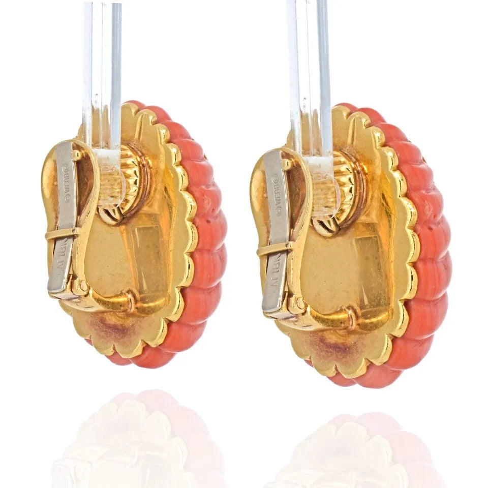 David Webb 1970's Platinum & 18K Yellow Gold Coral And Diamond Earrings — view 3 — Laura Milman New York