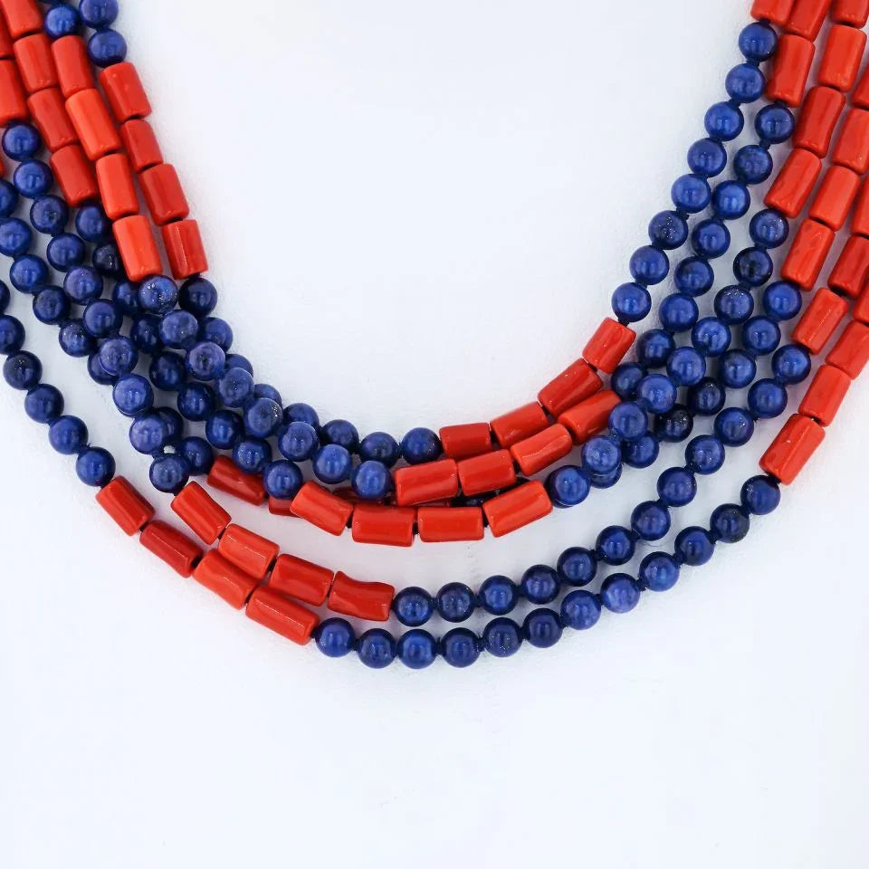 David Webb Platinum & 18K Yellow Gold Multi-Strand Lapis, Coral Necklace — view 3 — Laura Milman New York