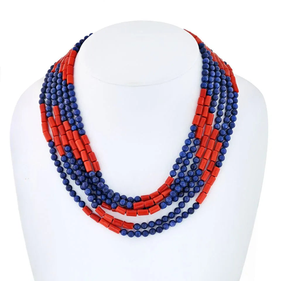 David Webb Platinum & 18K Yellow Gold Multi-Strand Lapis, Coral Necklace — Laura Milman New York