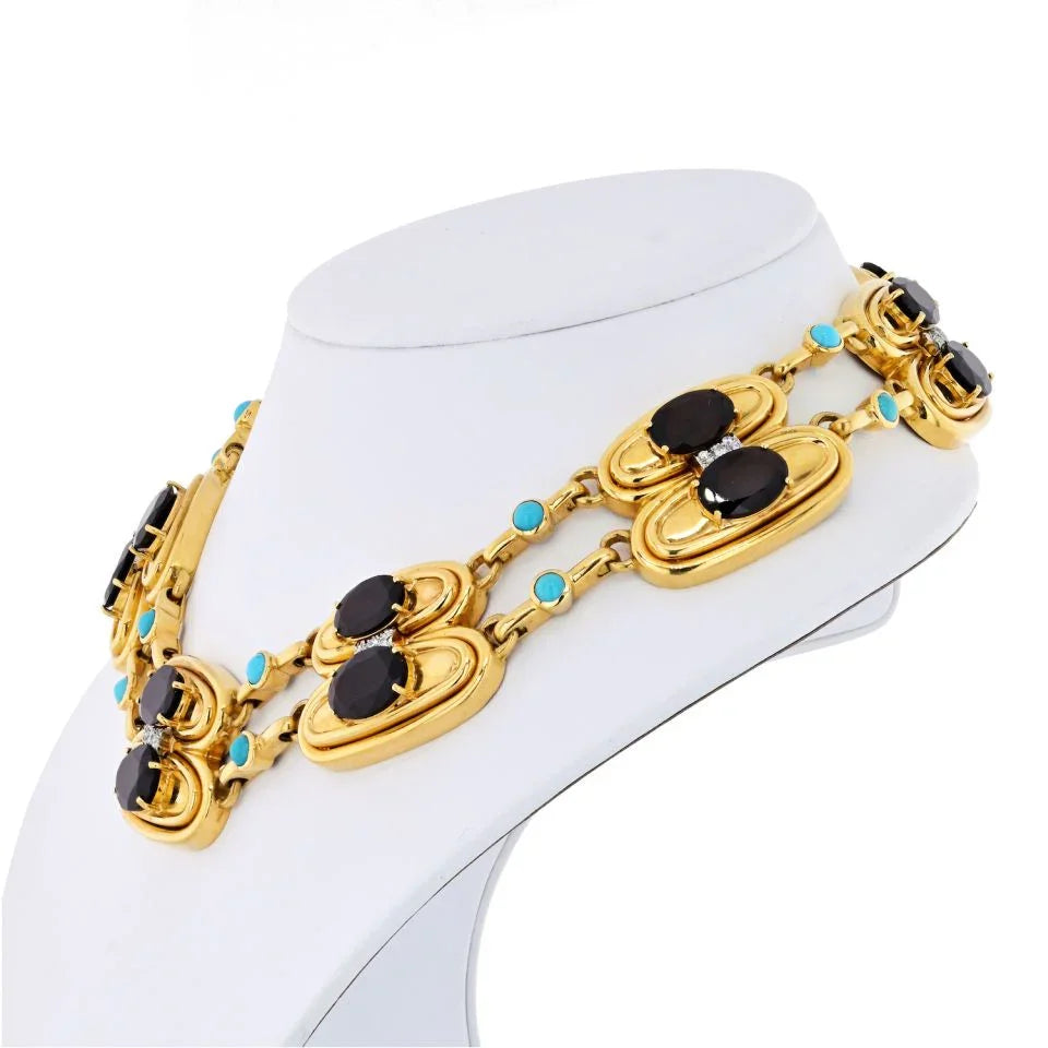 David Webb Platinum & 18K Yellow Gold Garnet, Turquoise & Diamond Necklace — view 2 — Laura Milman New York