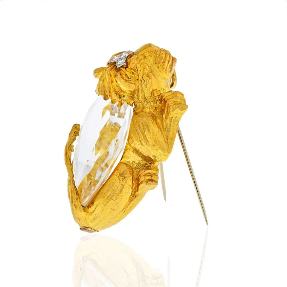 David Webb 18K Yellow Gold Rock Crystal Lion Brooch Pendant — view 2 — Laura Milman New York