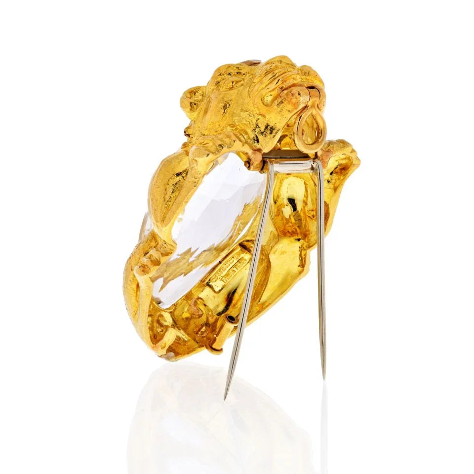 David Webb 18K Yellow Gold Rock Crystal Lion Brooch Pendant — view 3 — Laura Milman New York