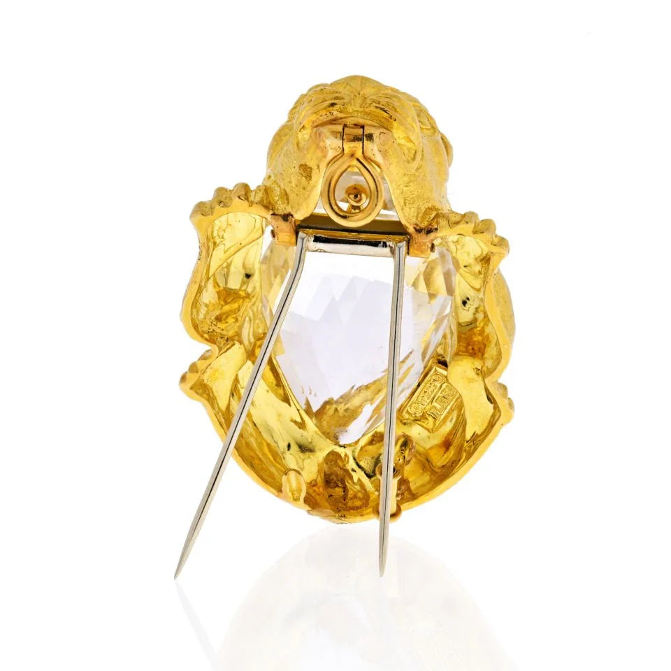 David Webb 18K Yellow Gold Rock Crystal Lion Brooch Pendant — view 4 — Laura Milman New York