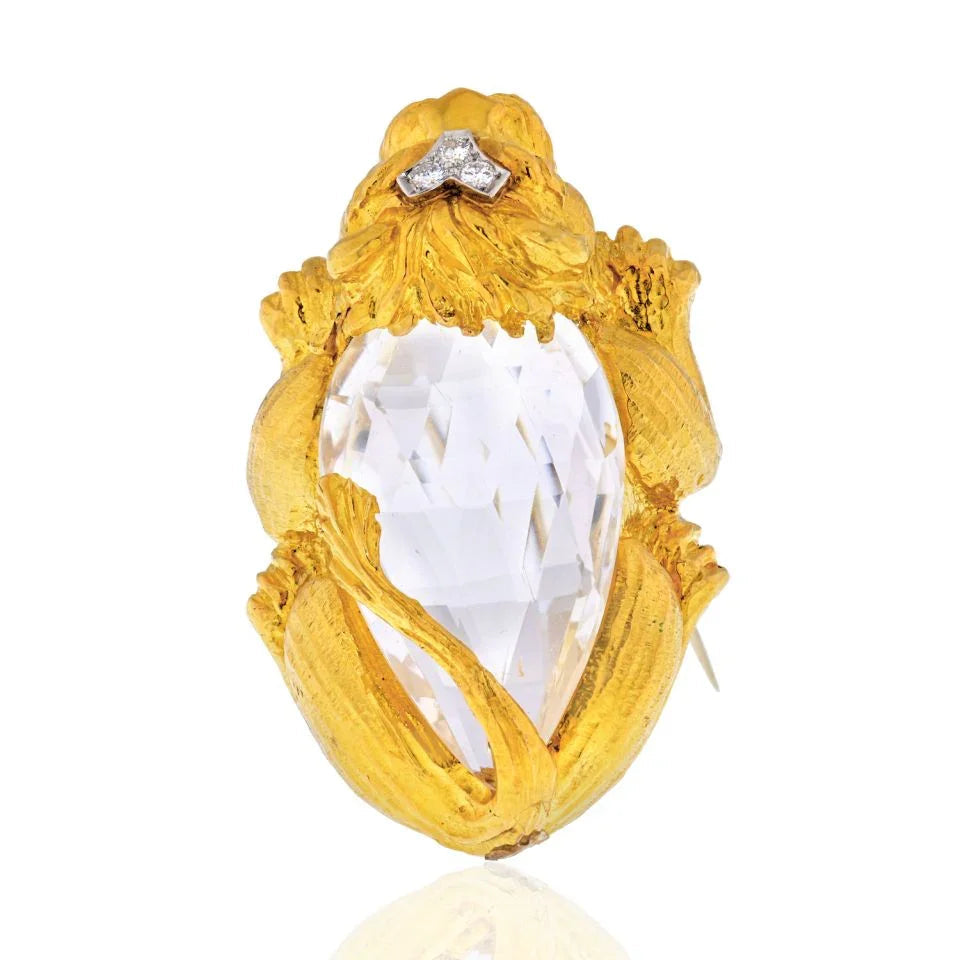 David Webb 18K Yellow Gold Rock Crystal Lion Brooch Pendant — Laura Milman New York