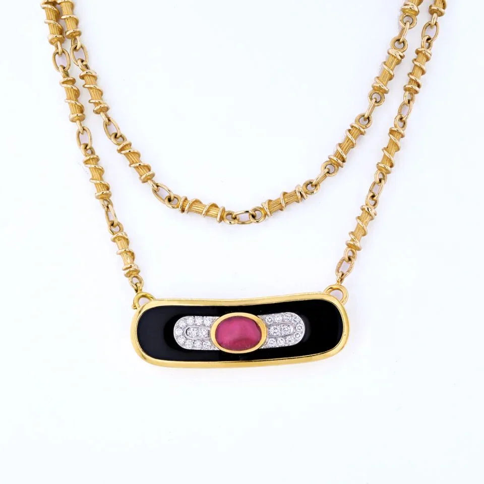 David Webb Platinum & 18K Yellow Gold Ruby, Diamond And Lacquer Pendant Necklace — view 3 — Laura Milman New York