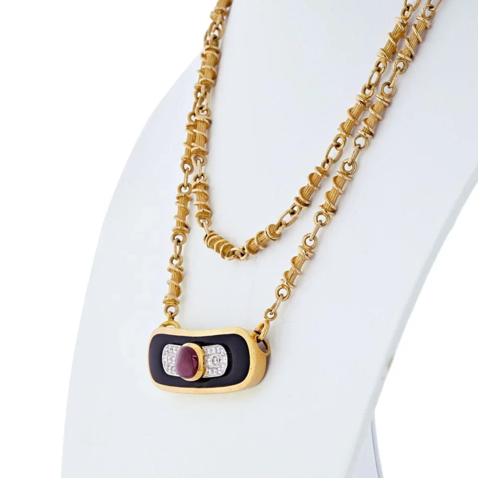 David Webb Platinum & 18K Yellow Gold Ruby, Diamond And Lacquer Pendant Necklace — view 4 — Laura Milman New York