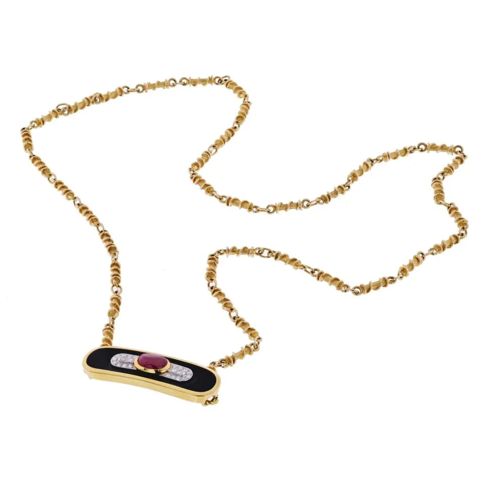 David Webb Platinum & 18K Yellow Gold Ruby, Diamond And Lacquer Pendant Necklace — view 5 — Laura Milman New York