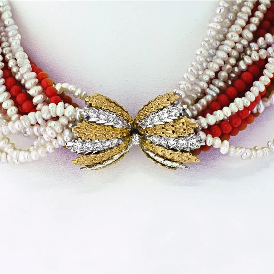 Buccellati 18K Yellow Gold 16 String Coral, Pearl Diamond Clasp Necklace — view 3 — Laura Milman New York