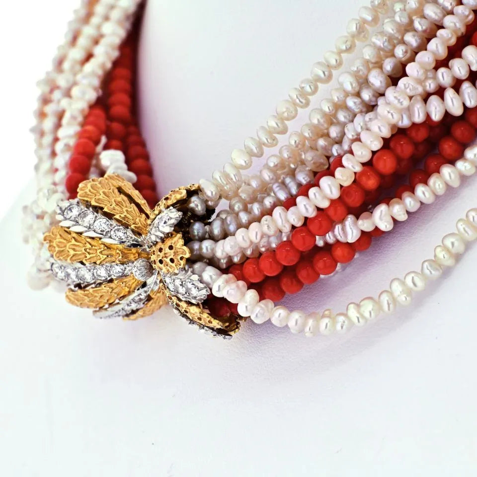 Buccellati 18K Yellow Gold 16 String Coral, Pearl Diamond Clasp Necklace — view 4 — Laura Milman New York
