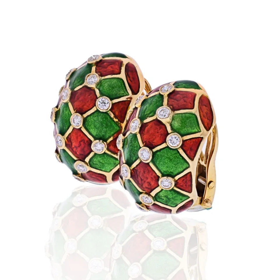 David Webb Platinum & 18K Yellow Gold Checkerboard Green, Red Enamel And Diamonds Earrings — view 2 — Laura Milman New York