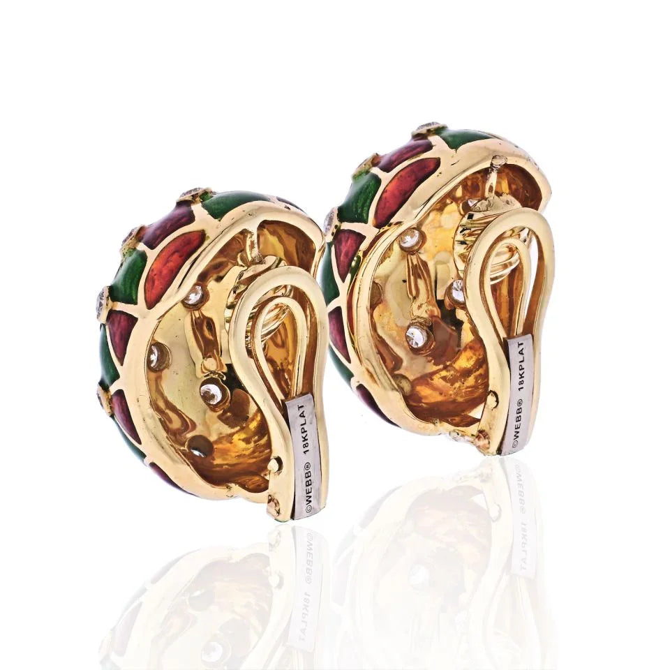 David Webb Platinum & 18K Yellow Gold Checkerboard Green, Red Enamel And Diamonds Earrings — view 3 — Laura Milman New York