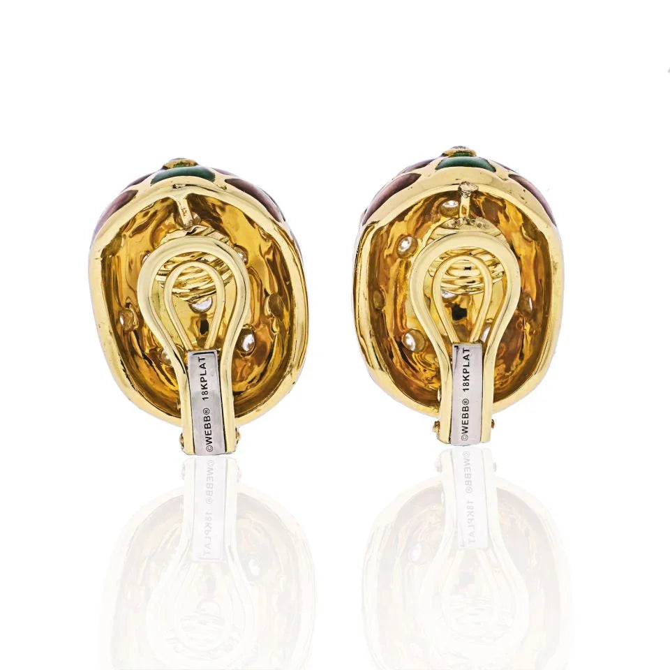 David Webb Platinum & 18K Yellow Gold Checkerboard Green, Red Enamel And Diamonds Earrings — view 4 — Laura Milman New York