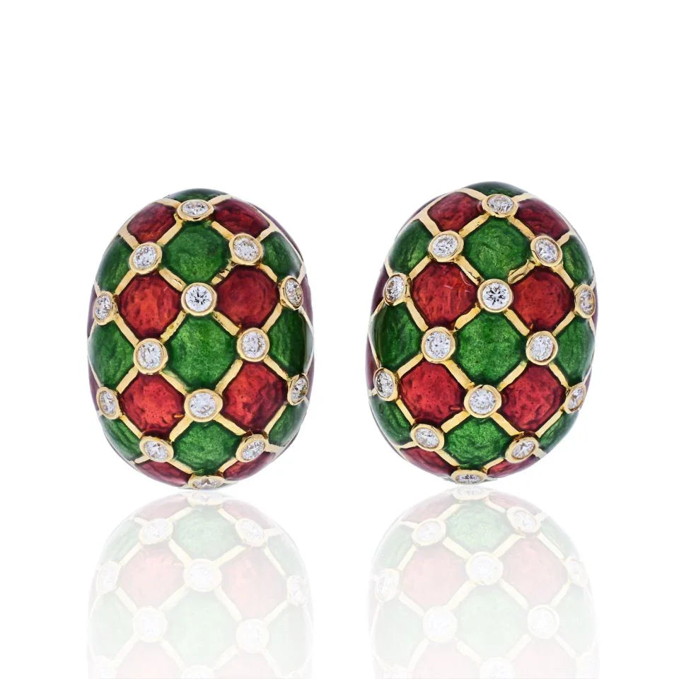 David Webb Platinum & 18K Yellow Gold Checkerboard Green, Red Enamel And Diamonds Earrings — Laura Milman New York