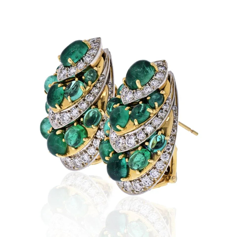 David Webb Platinum & 18K Yellow Gold Diamond And Green Emerald Earrings — view 2 — Laura Milman New York