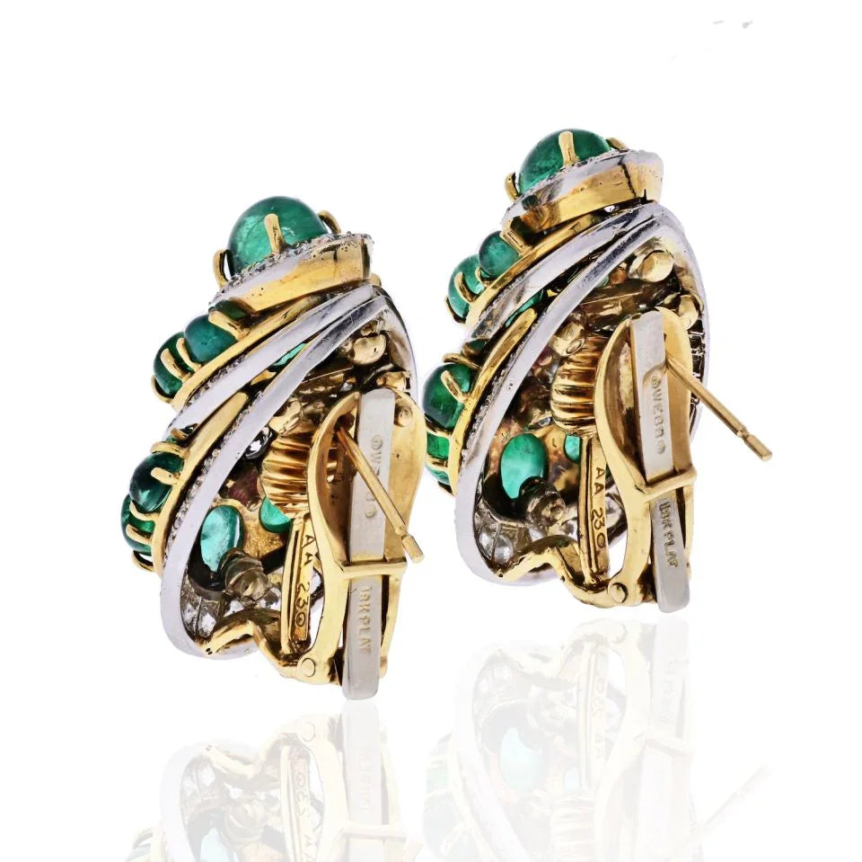 David Webb Platinum & 18K Yellow Gold Diamond And Green Emerald Earrings — view 3 — Laura Milman New York