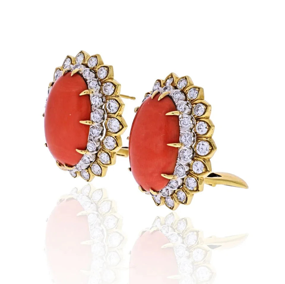 David Webb Platinum & 18K Yellow Gold Oval Coral And Round Cut Diamond Earrings — view 2 — Laura Milman New York