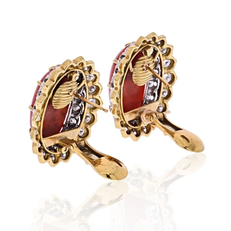 David Webb Platinum & 18K Yellow Gold Oval Coral And Round Cut Diamond Earrings — view 3 — Laura Milman New York
