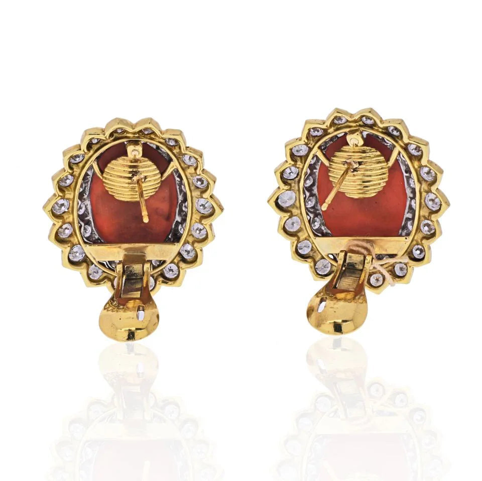 David Webb Platinum & 18K Yellow Gold Oval Coral And Round Cut Diamond Earrings — view 4 — Laura Milman New York