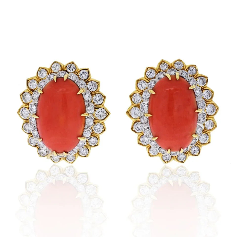 David Webb Platinum & 18K Yellow Gold Oval Coral And Round Cut Diamond Earrings — Laura Milman New York