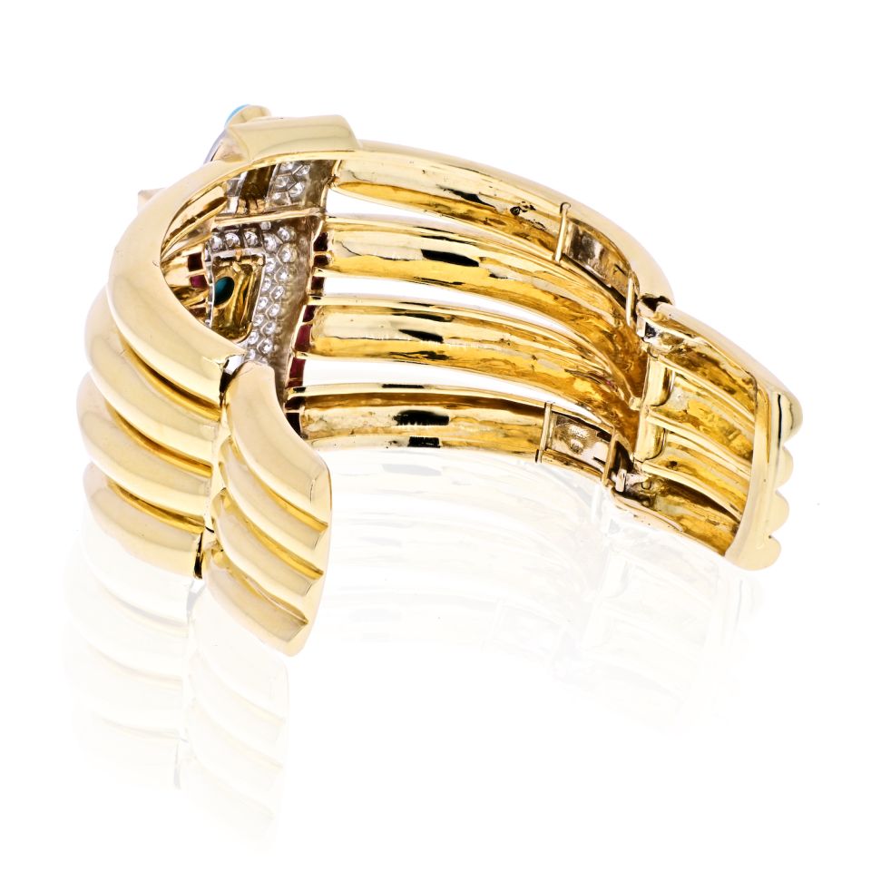 David Webb Platinum & 18K Yellow Gold 1960's Diamond, Ruby And Turquoise Bangle Bracelet — view 3 — Laura Milman New York