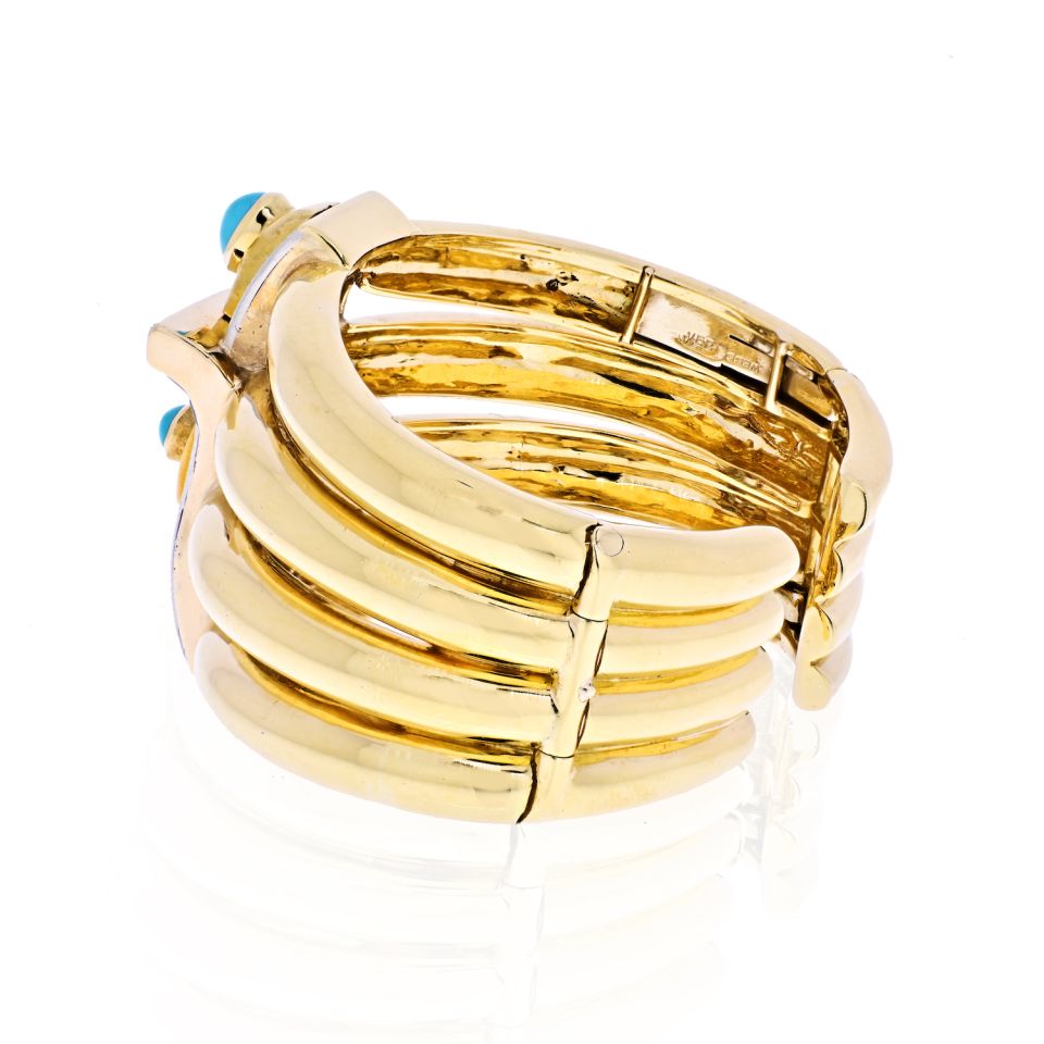 David Webb Platinum & 18K Yellow Gold 1960's Diamond, Ruby And Turquoise Bangle Bracelet — view 5 — Laura Milman New York