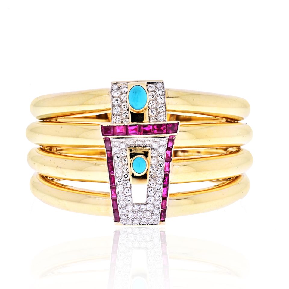 David Webb Platinum & 18K Yellow Gold 1960's Diamond, Ruby And Turquoise Bangle Bracelet — Laura Milman New York