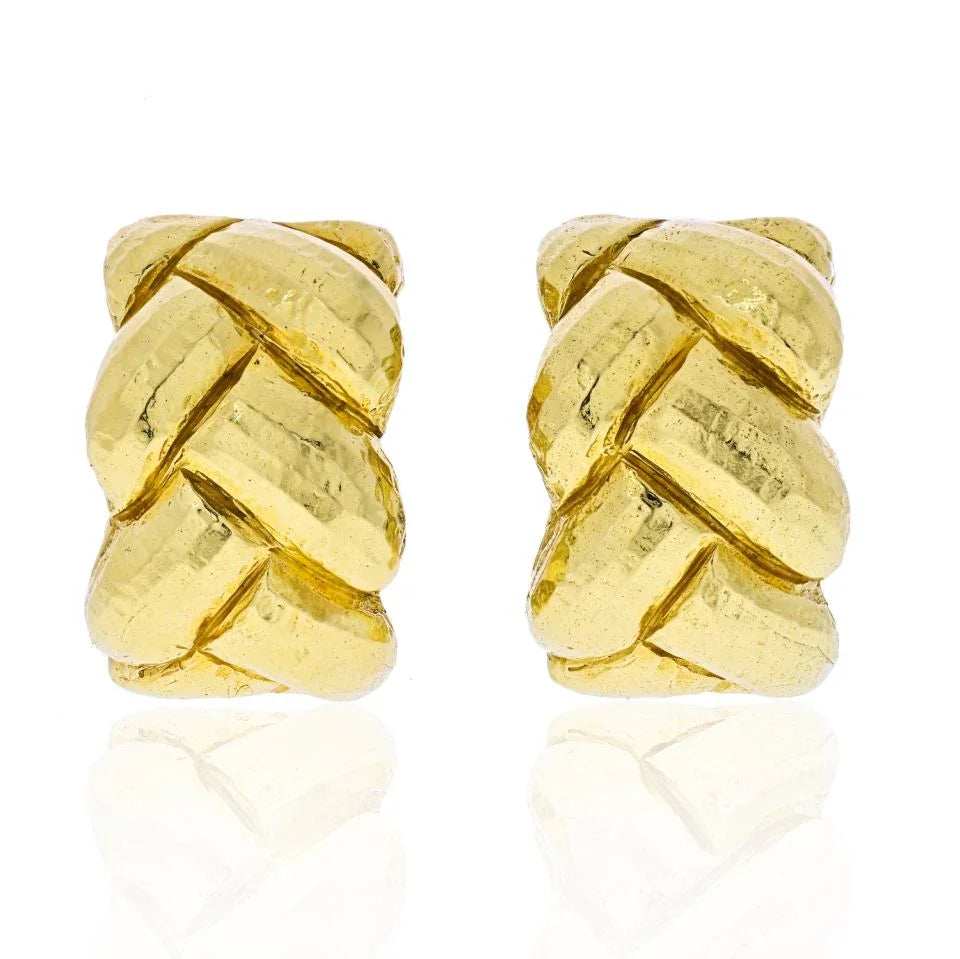 David Webb 18K Yellow Gold Hammered Braid Huggie Earrings — Laura Milman New York