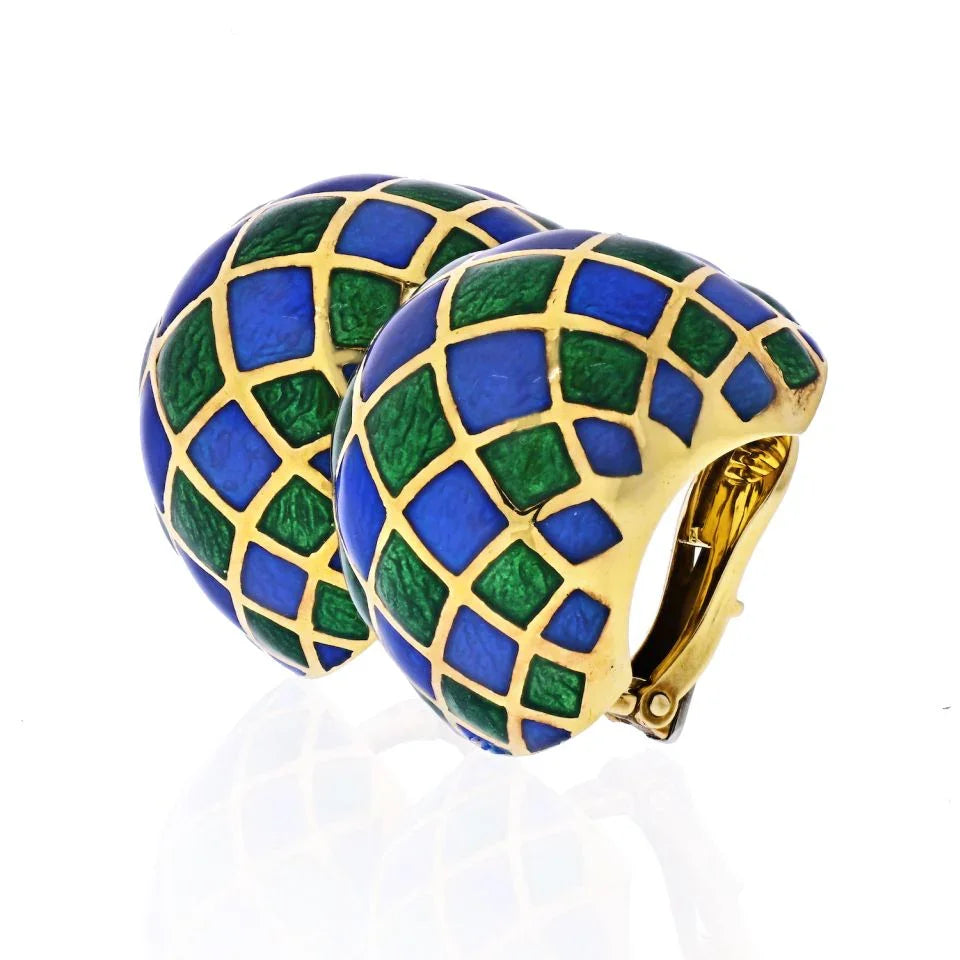 David Webb Platinum & 18K Yellow Gold Green And Blue Checkerboard Enamel Clip-On Earrings — view 2 — Laura Milman New York